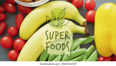 Super Foods text image over bananas, cherry tomatoes, almonds, and snap peas. Nutrition, healthy, diet, organic, fresh, superfoods - Powered by Shutterstock