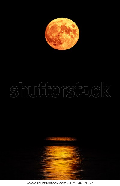 Super full blood moon and moon light over the\
sea. Full red moon with reflection in water with details of the\
lunar surface.