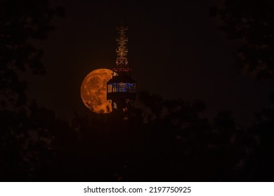 Super Full Moon Just After Rising Behind The Construction, Moon Looksorange.