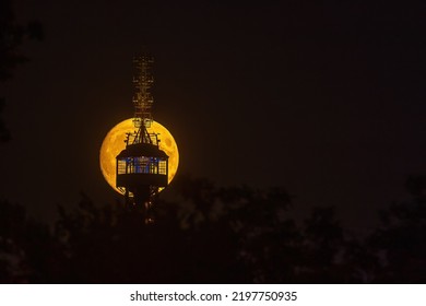 Super Full Moon Just After Rising Behind The Construction, Moon Looks Yellow.