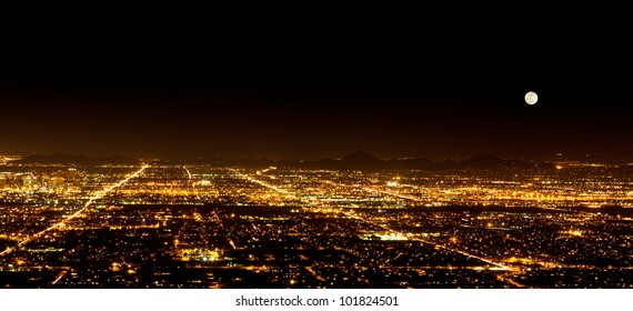 The Super Full Moon On May 5, 2012 Over The City Light Of Phoenix Arizona. Photograph Was Taken From The Top Of South Mountain.