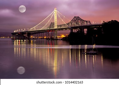 Super, Full Moon Over New San Francisco, Oakland Bay Bridge