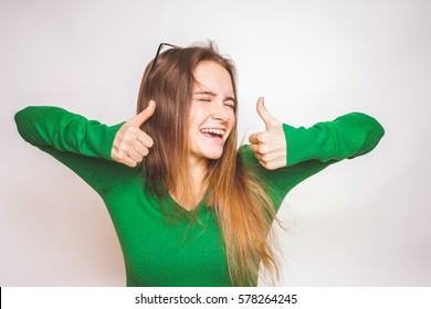 Super Happy Woman Shows Thumbs Up. Hand Gesture