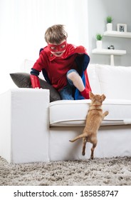 Super hero boy and chihuahua dog playing in the living room.