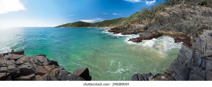 Super Large Landscape Panorama of the Beautiful Crystal Clear Ocean with a Rocky Shore in the Early Morning at Granite Bay, Noosa Heads, Sunshine Coast, Australia