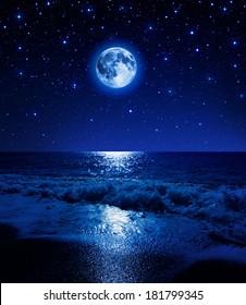 Super Moon In Starry Sky On Sea Beach