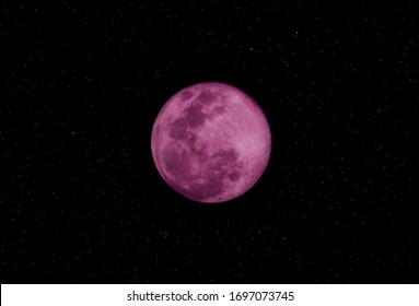 Super Pink Moon April With Starry Background