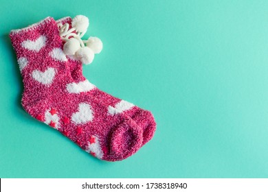 Super Soft Warm Fuzzy Plush Cozy Socks With Hearts, Home Clothes, Copy Space.