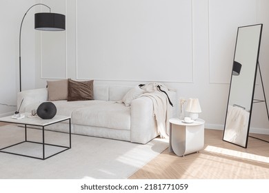 Super White Simple Clean And Stylish Interior With Modern Furniture In Nude Color And Contrasting Black Elements. Luxury Design Of A Large Bright Room Living Room