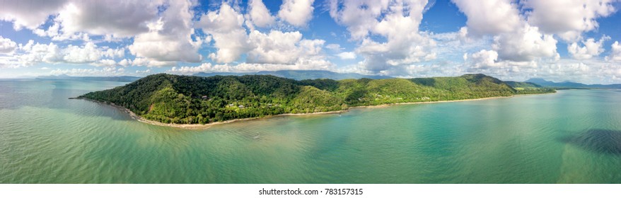 Super Wide Aerial Panoramic View Of The Daintree Forest In Queensland Australia. The Shoreline Is Close To The Rainforest.