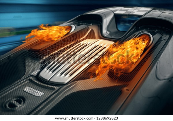 Supercar engine exhaust after
burn with a fire flame. The car rides fast at the tunnel and
deploys fire. Supercar exhaust system close up with a lot of flames
and power