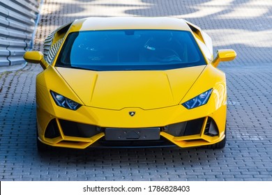 Supercar Lamborghini Aventador yellow color parked at the car dealership. Russia, Saint-Petersburg. 01 June 2020