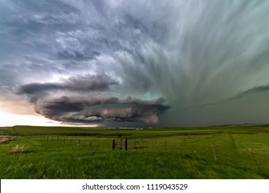 Supercell thunderstorm with dramatic clouds, spinning near Ryegate, Montana