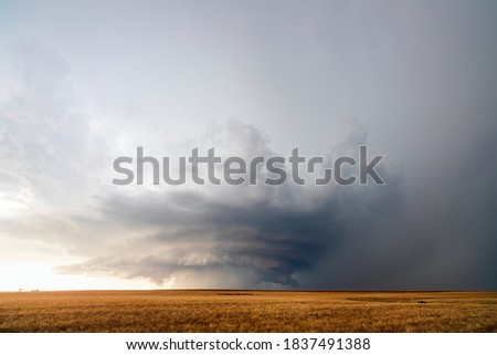 Supercell thunderstorm with dramatic storm clouds over a field