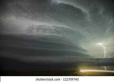 Supercell Thunderstorm Lightning Oncoming Headlights Stock Photo ...