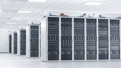 Supercomputer And Advanced Cloud Computing Concept. White Server Cabinets Inside Bright And Clean Large Data Center. Artificial Intelligence Training Cluster.