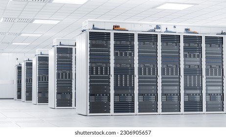 Supercomputer and Advanced Cloud Computing Concept. White Server Cabinets inside Bright and Clean Large Data Center. Artificial Intelligence Training Cluster. - Shutterstock ID 2306905657