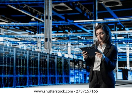 Supercomputer digital twin scanning, tablet and female programmer in data center, creating wireframe virtualization. Gear mapping, employee with device creating holographic overlay in server farm