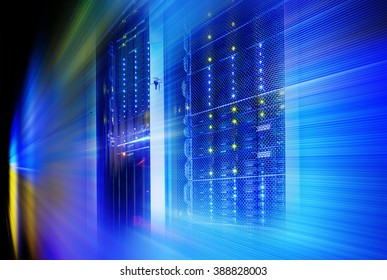 supercomputer disk storage in a series of data center equipment. motion blur