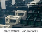 Supercomputer infrastructure inside modern data center with powerful server racks, cooling systems, and high-speed cabling.