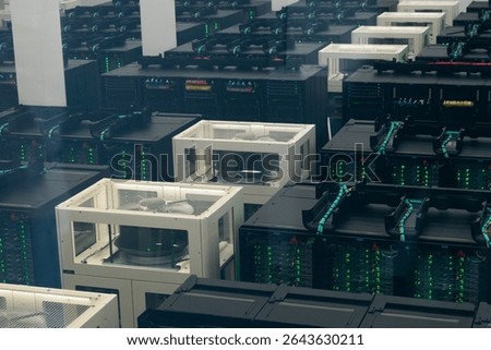Supercomputer infrastructure inside modern data center with powerful server racks, cooling systems, and high-speed cabling.