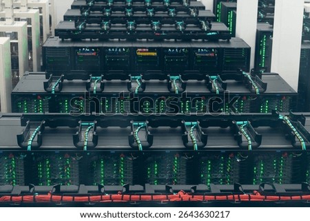 Supercomputer infrastructure inside modern data center with powerful server racks, cooling systems, and high-speed cabling.
