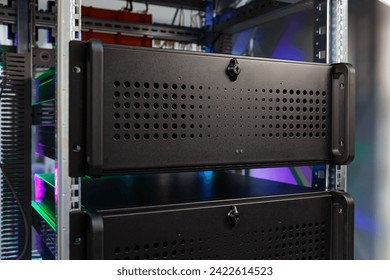 Supercomputer, Rackmounted Servers in a Datacenter, Modern Telecommunications, Artificial Intelligence, Technology Concept symbolizing the capabilities of high-performance computing, Data Center. 