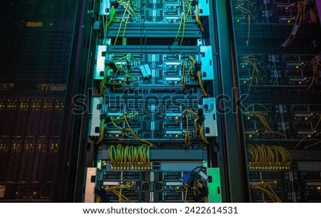 Supercomputer, Rackmounted Servers in a Datacenter, Modern Telecommunications, Artificial Intelligence, Technology Concept symbolizing the capabilities of high-performance computing, Data Center. 