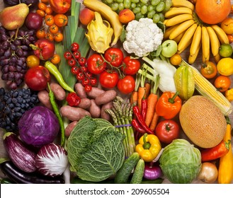 Superfood Background / Food Photography Of Ripe Fruits At The Market 