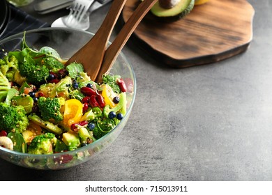 Superfood Salad With Broccoli And Beans In Glass Bowl On Kitchen Table