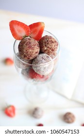 Superfood Strawberry Energy Balls Bliss Balls In Wine Glass.