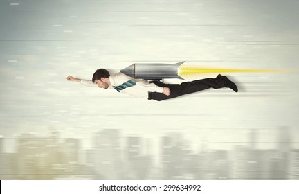 Superhero Business Man Flying With Jet Pack Rocket Above The City Concept