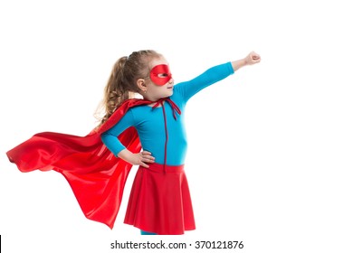 Superhero Child (girl), Isolated On White Background.