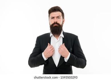 Superhero. Facial Hair And Grooming. Fashion Model With Long Beard And Mustache. Business People Fashion Style. Menswear And Fashion Concept. Man Handsome Bearded Businessman Wear Formal Suit.