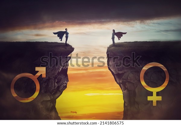 Superhero\
gender rivalry and leadership concept. Man vs woman heroes standing\
on the peak of different cliffs facing each other. Sex\
discrimination as social issue, inequality\
gap
