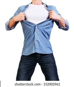 Superhero. Image Of Young Man Tearing His Shirt Off Isolated On White Background