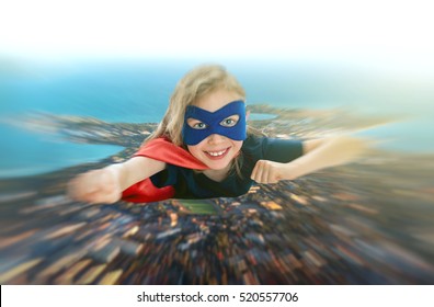 Superhero Kid Flying Across The Planet.