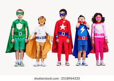 Superhero kids, cute Halloween costumer full body photo. Little kid in Halloween costume. Diverse kids in superhero costumes. Diverse group of kids dressed as superheroes for Halloween. Powerful kids. - Powered by Shutterstock