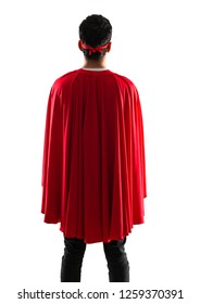 Superhero Man With Mask And Red Cape In Back Position On Isolated White Background