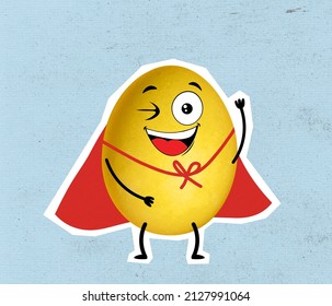 Superhero. Painted funny cute egg in cartoon style smiling. Happy Easter traditions, mood. Concept of holidays, spring, celebrating, family time, kids, sales. Copy space for ad, text. Design for card - Shutterstock ID 2127991064