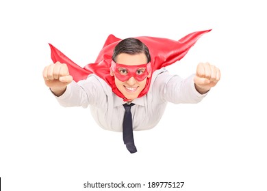 Superhero With Red Cape Flying Isolated On White Background