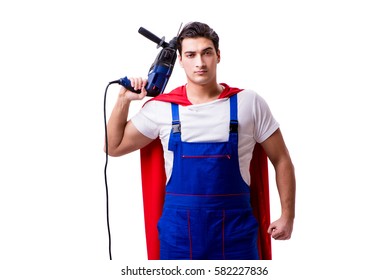 Superhero repairman isolated on white background