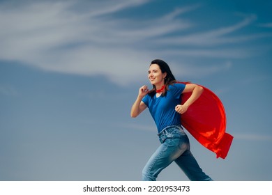 
Superhero Woman Wearing Red Cape Running To Save The Day. Yummy Appetizing Food Presented In A Diner Shop

