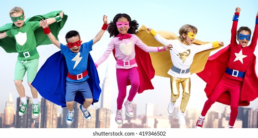 Superheroes Kids Friends Playing Togetherness Fun Concept