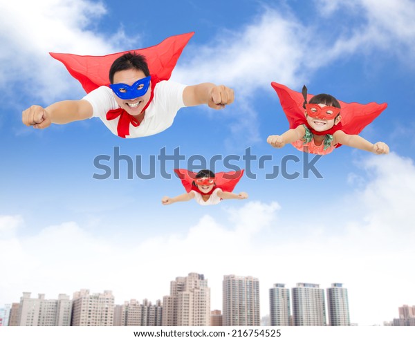 Superman Daughters Flying Sky Buildings Background Stock Photo Edit Now