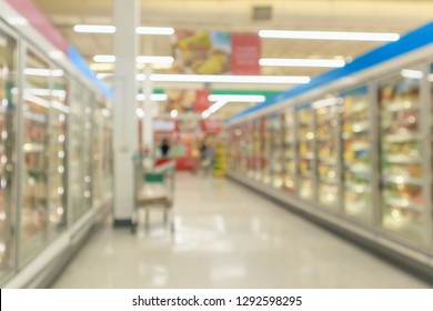 Supermarket Aisle With Commercial Refrigerators Freezer Showing Frozen Foods Abstract Blur Background