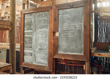 Supermarket Or Cafe Kitchen Planning Blackboard, Restaurant Fridge Food And Cooking Home Dinner Diet For Coffee Shop Customers. Healthy Grocery Store Shopping List, Vegetables And Bbq Grill.