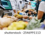 Supermarket cashier scanning potatoes at the checkout counter, processing groceries for a customer during a busy shopping day