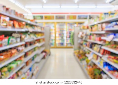 Supermarket Convenience Store Aisle Shelves Interior Blur For Background