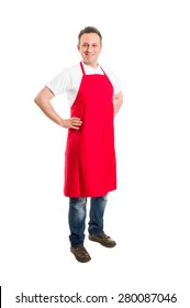 Supermarket Employee Or Butcher With Red Apron Standing On White Background